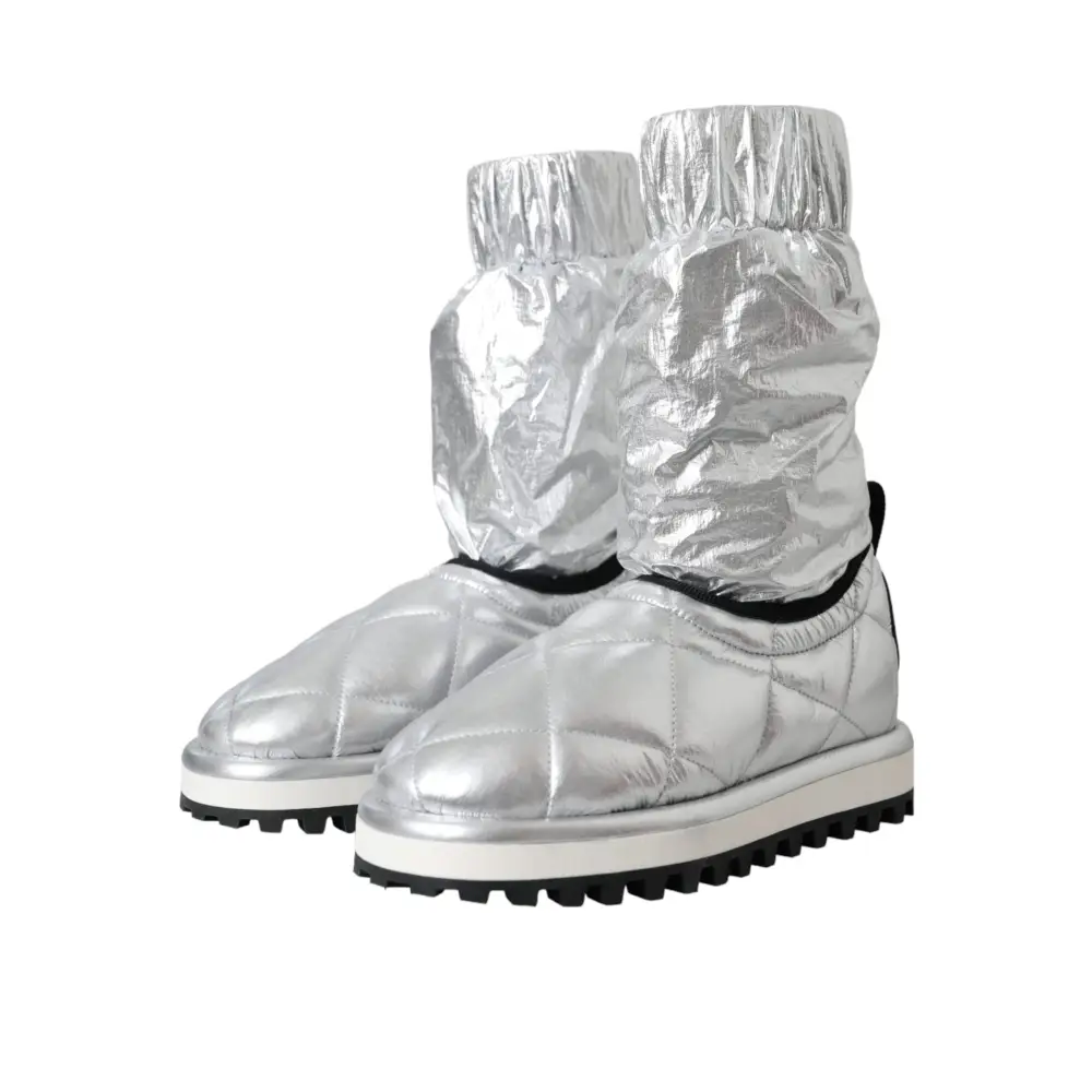 Dolce & Gabbana Metallic Silber gesteppt Logo Patch Stiefel Schuhe - EU39/US8.5