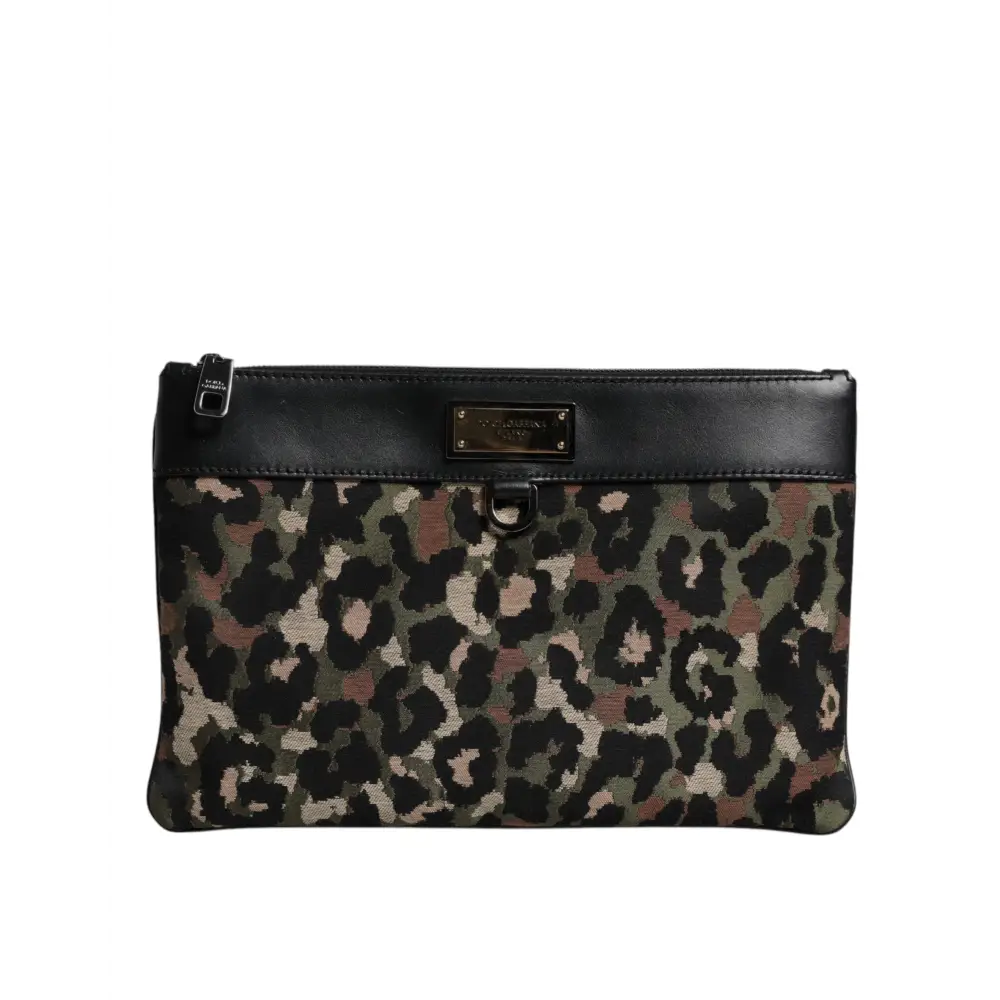 Dolce & Gabbana Multicolor Leopard Jacquard Print Logo Plaque Pouch Tasche