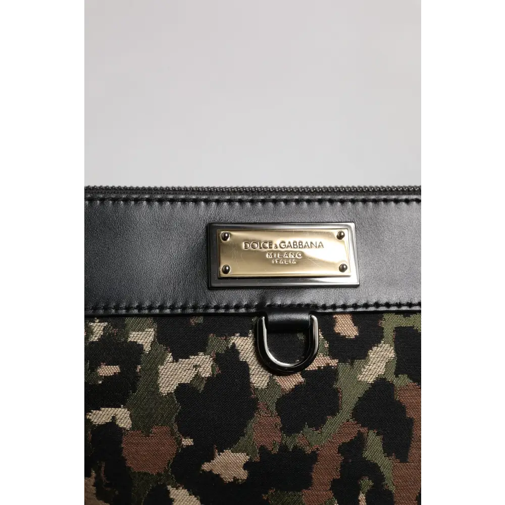 Dolce & Gabbana Multicolor Leopard Jacquard Print Logo Plaque Pouch Tasche