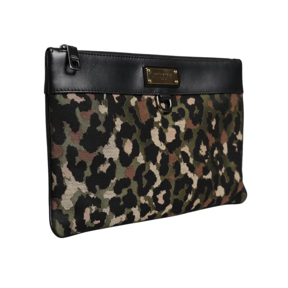 Dolce & Gabbana Multicolor Leopard Jacquard Print Logo Plaque Pouch Tasche