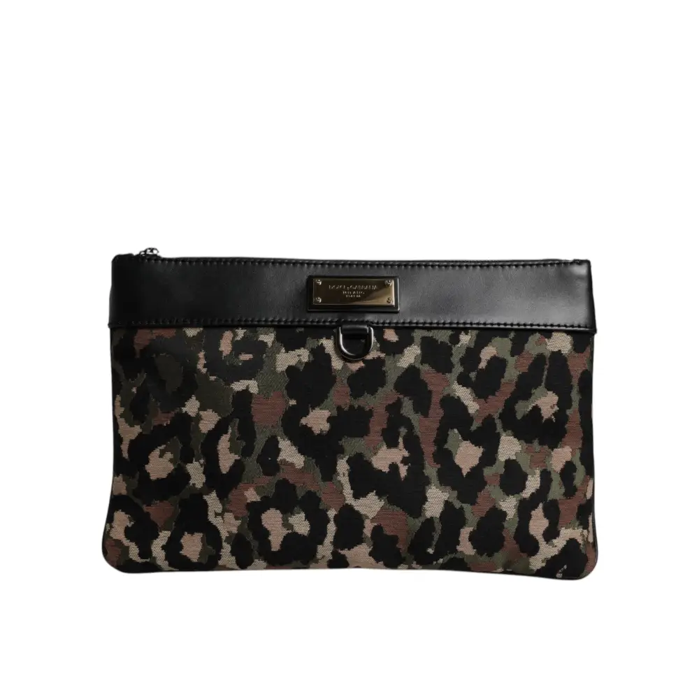 Dolce & Gabbana Multicolor Leopard Print Jacquard Logo Plaque Pouch Tasche