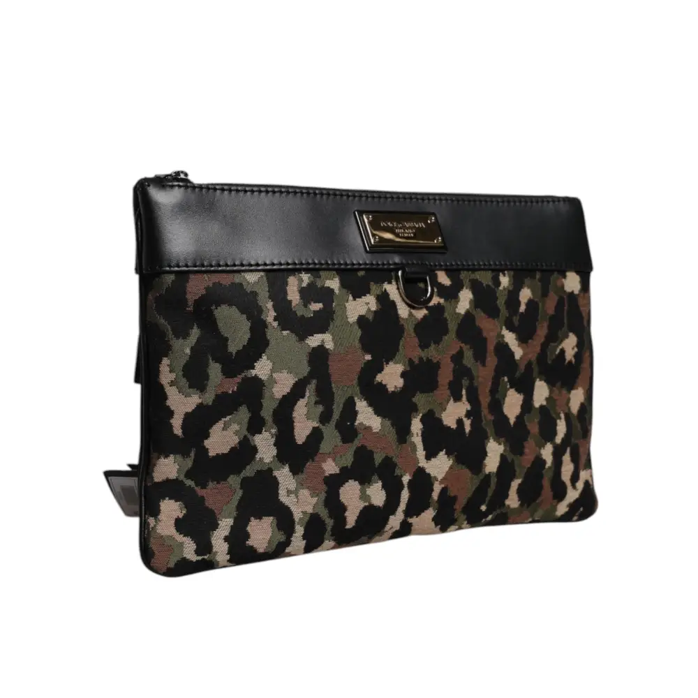 Dolce & Gabbana Multicolor Leopard Print Jacquard Logo Plaque Pouch Tasche