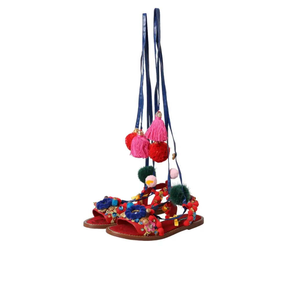 Dolce & Gabbana Multicolor Pom Pom Pelz Wrap Sandalen Schuhe