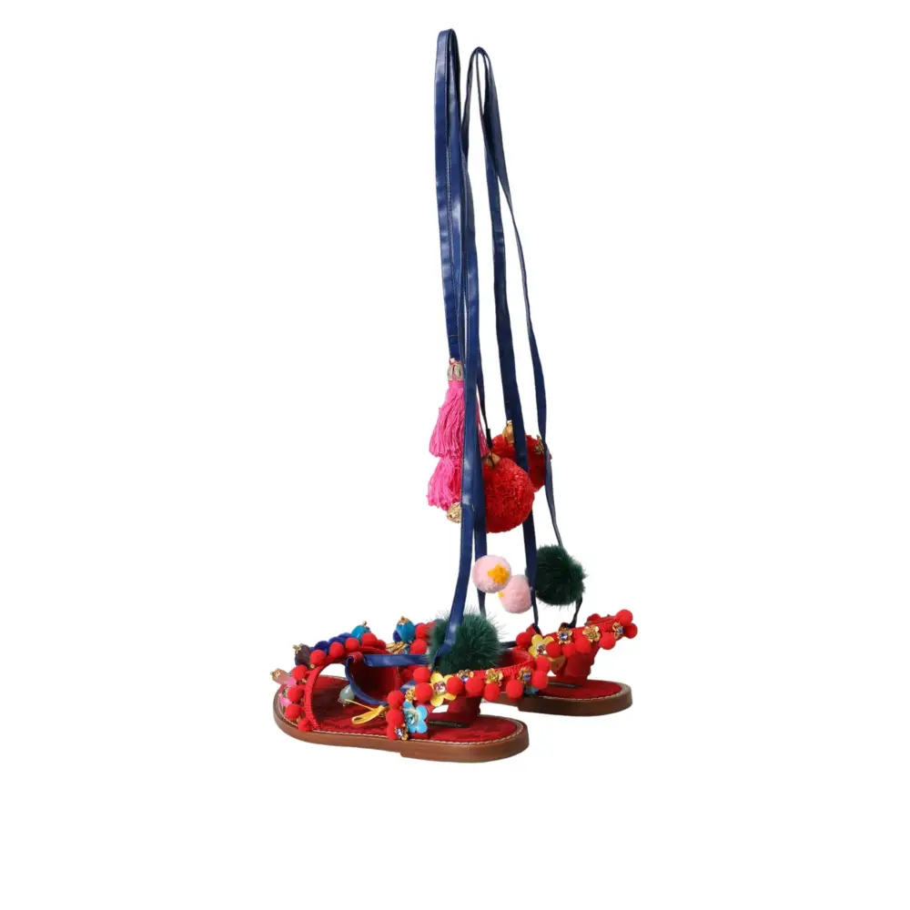 Dolce & Gabbana Multicolor Pom Pom Pelz Wrap Sandalen Schuhe