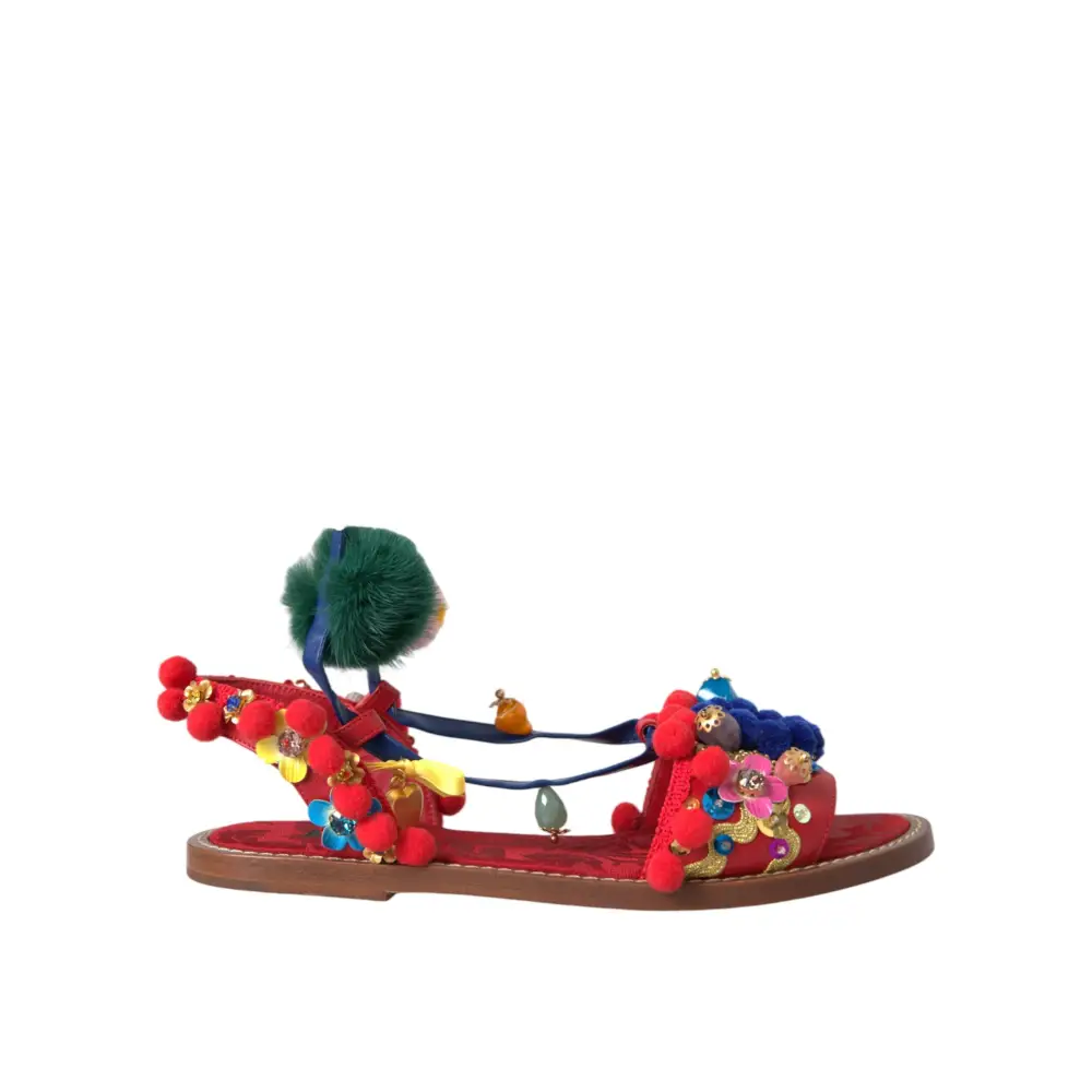 Dolce & Gabbana Multicolor Pom Pom Pelz Wrap Sandalen Schuhe