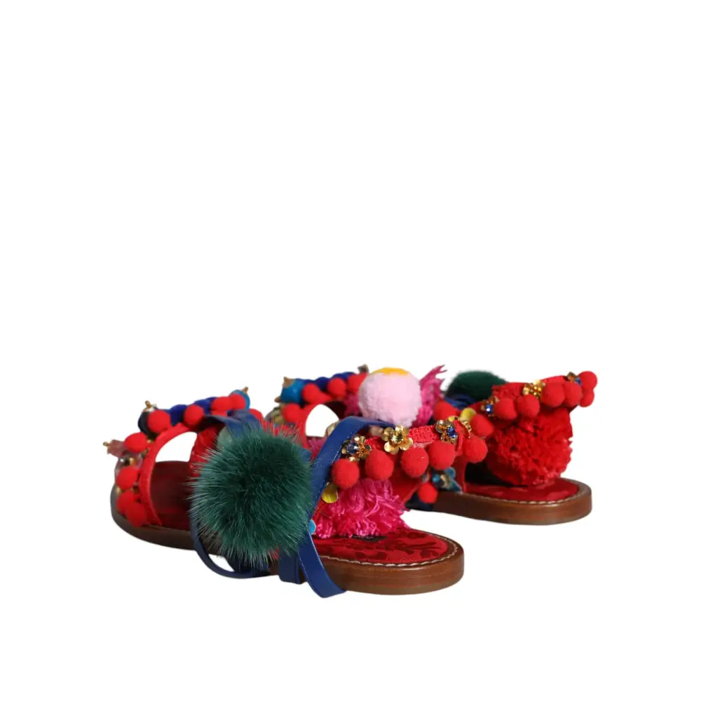 Dolce & Gabbana Multicolor Pom Pom Pelz Wrap Sandalen Schuhe - EU38/US7.5