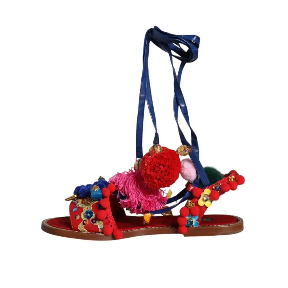 Dolce & Gabbana Multicolor Pom Pom Pelz Wrap Sandalen Schuhe - EU38/US7.5