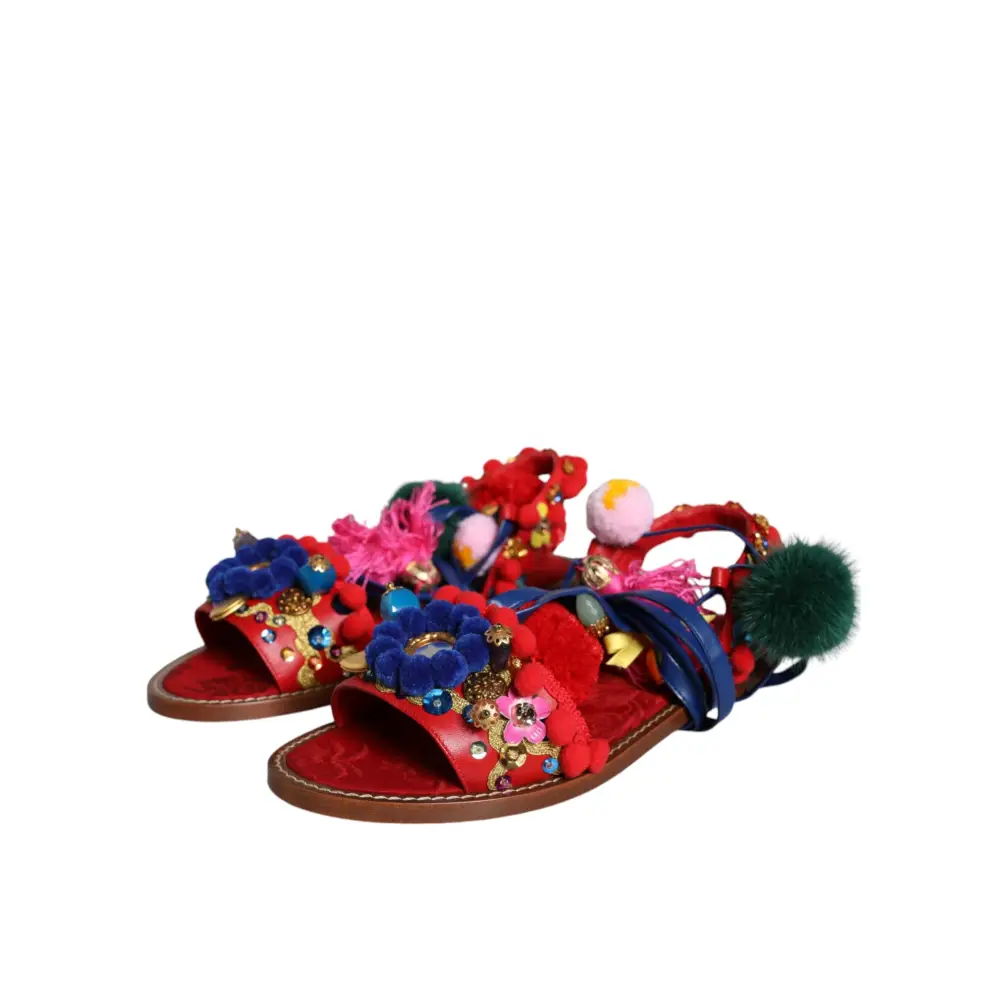 Dolce & Gabbana Multicolor Pom Pom Pelz Wrap Sandalen Schuhe - EU38/US7.5