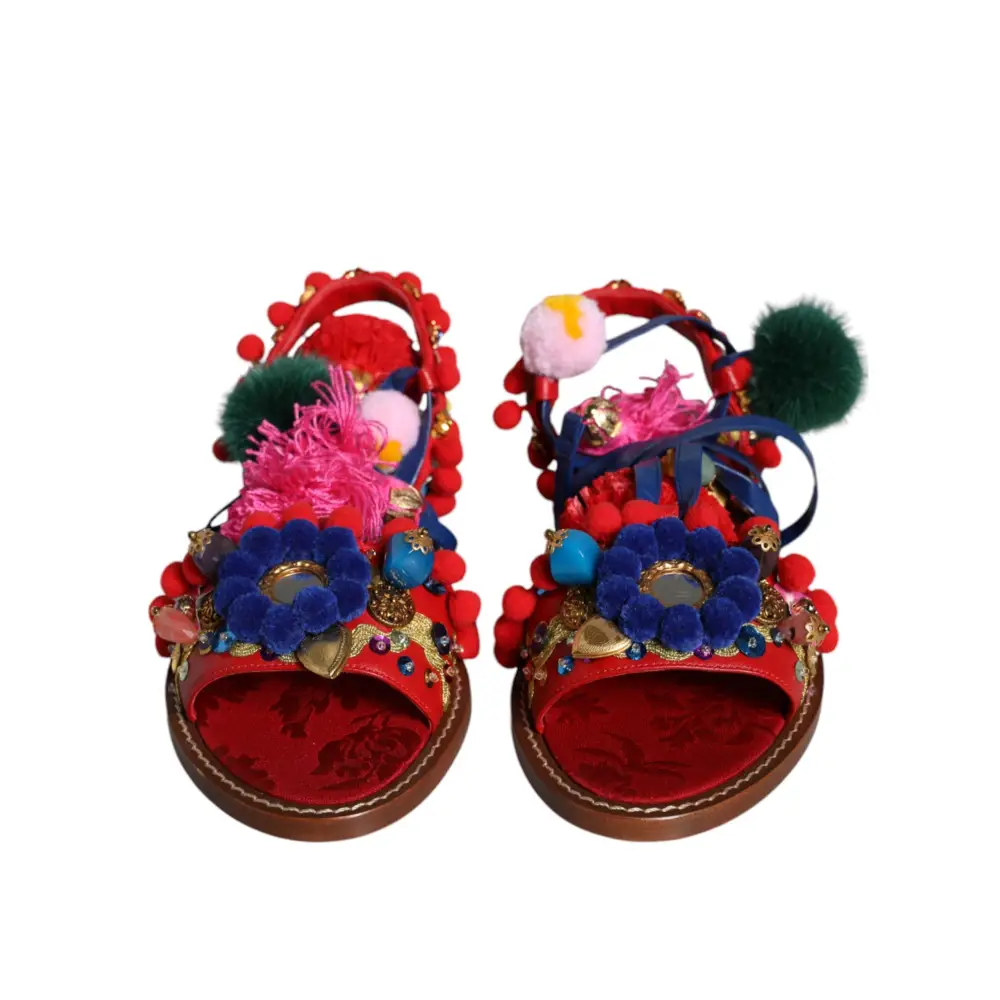 Dolce & Gabbana Multicolor Pom Pom Pelz Wrap Sandalen Schuhe - EU38/US7.5