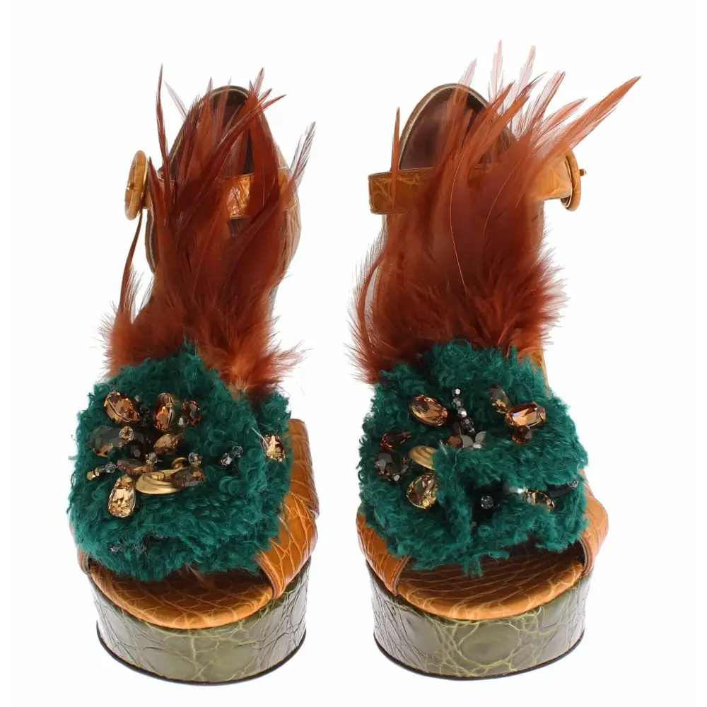 Dolce & Gabbana Orange Leder Kristall Plateau Sandale Schuhe