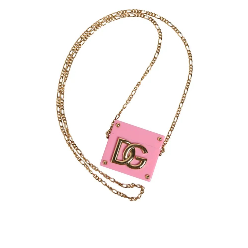 Dolce & Gabbana Pinke AirPods-Hülle mit DG-Logo-Plakette und Goldkette