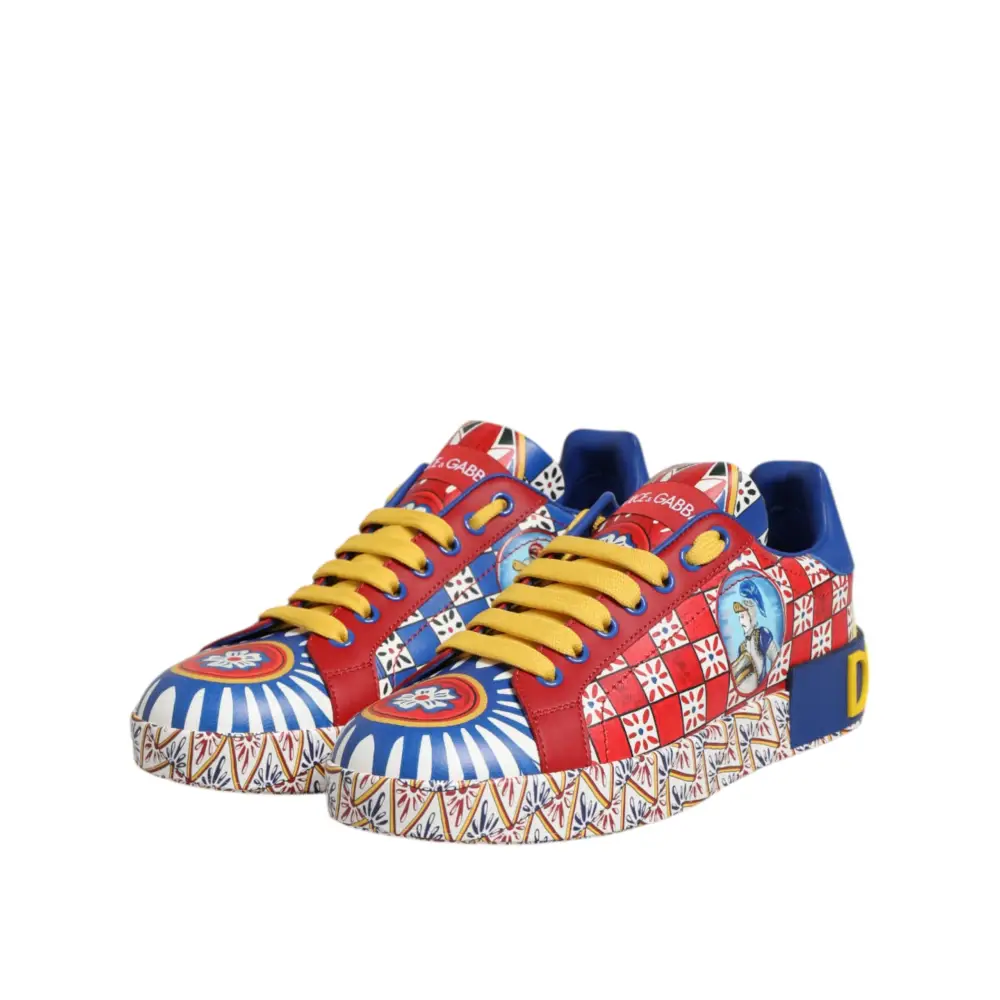 Dolce & Gabbana Portofino Carretto Bedruckte Leder Sneakers Schuhe - EU35.5/US5