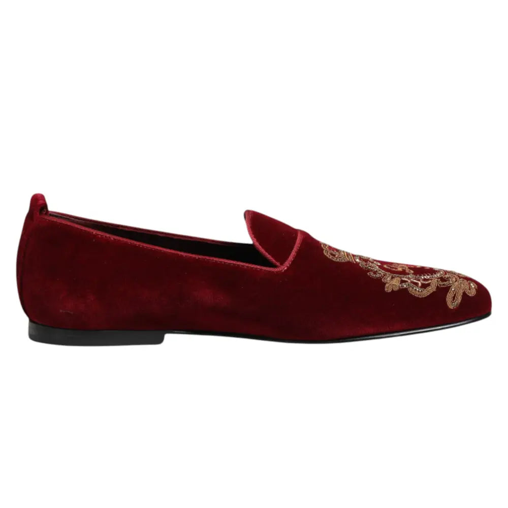 Dolce & Gabbana Red Velvet Gold Crown Herren Loafers Schuhe - EU42/US9