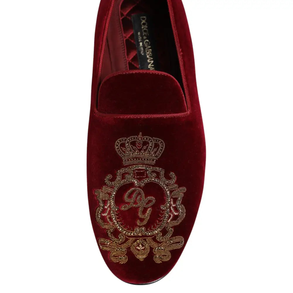 Dolce & Gabbana Red Velvet Gold Crown Herren Loafers Schuhe - EU42/US9