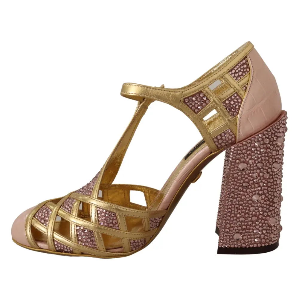 Dolce & Gabbana Rosa Gold Leder Kristall Pumps T-Riemen Schuhe
