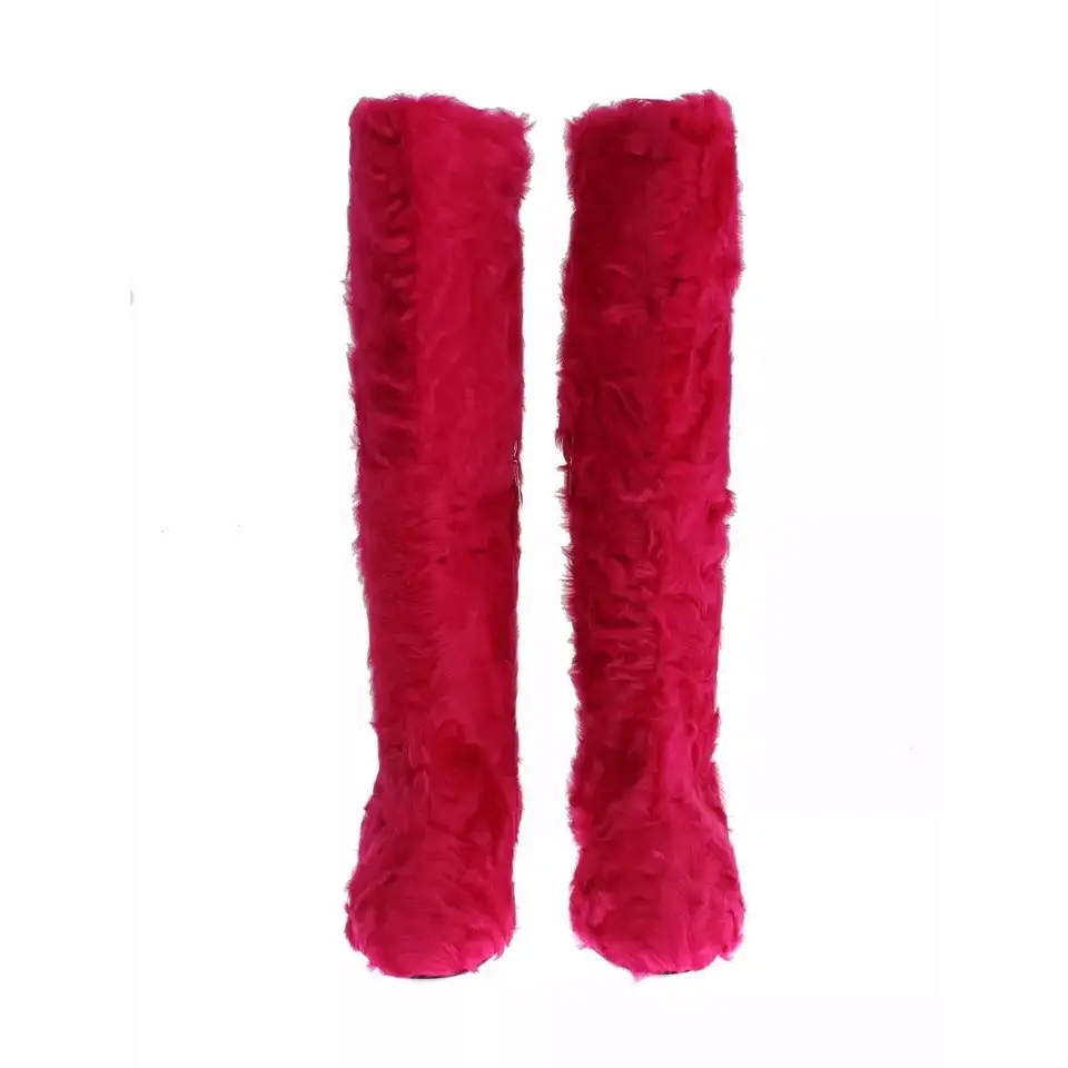 Dolce & Gabbana Rosa Lammfell Leder Flache Stiefel Schuhe - EU38/US7.5