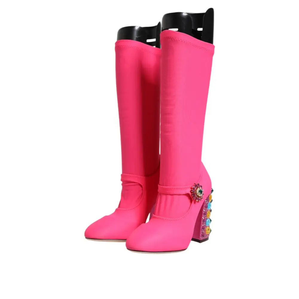 Dolce & Gabbana Rosa Nylon Kristall Vally Hohe Stiefel Schuhe - EU35.5/US5