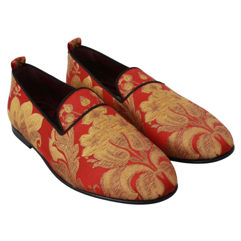 Dolce & Gabbana Rot Gold Brokat Hausschuhe Loafers Schuhe