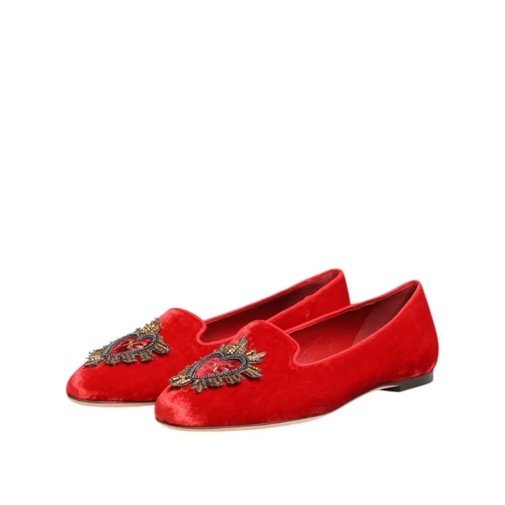 Dolce & Gabbana Rot Samt DG Herz Loafers Flats Schuhe - EU36/US5.5