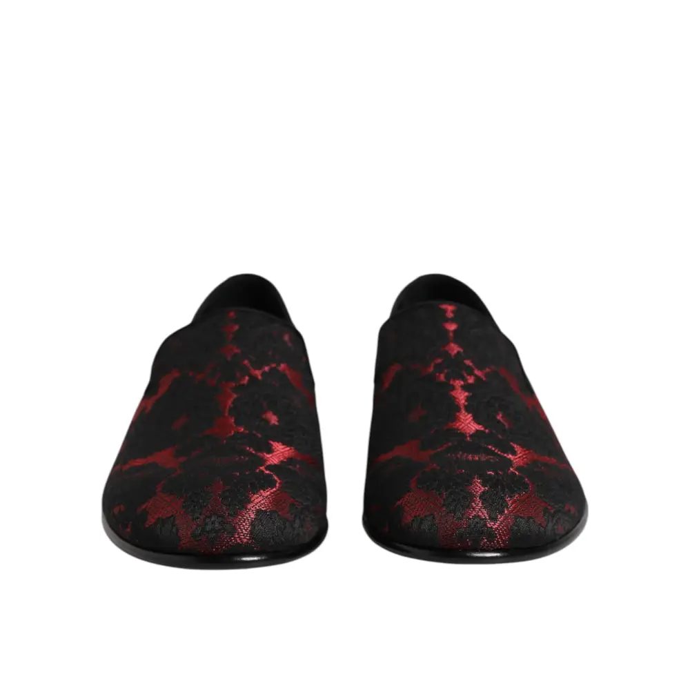 Dolce & Gabbana Rot Schwarz Jacquard Slip On Loafers Schuhe