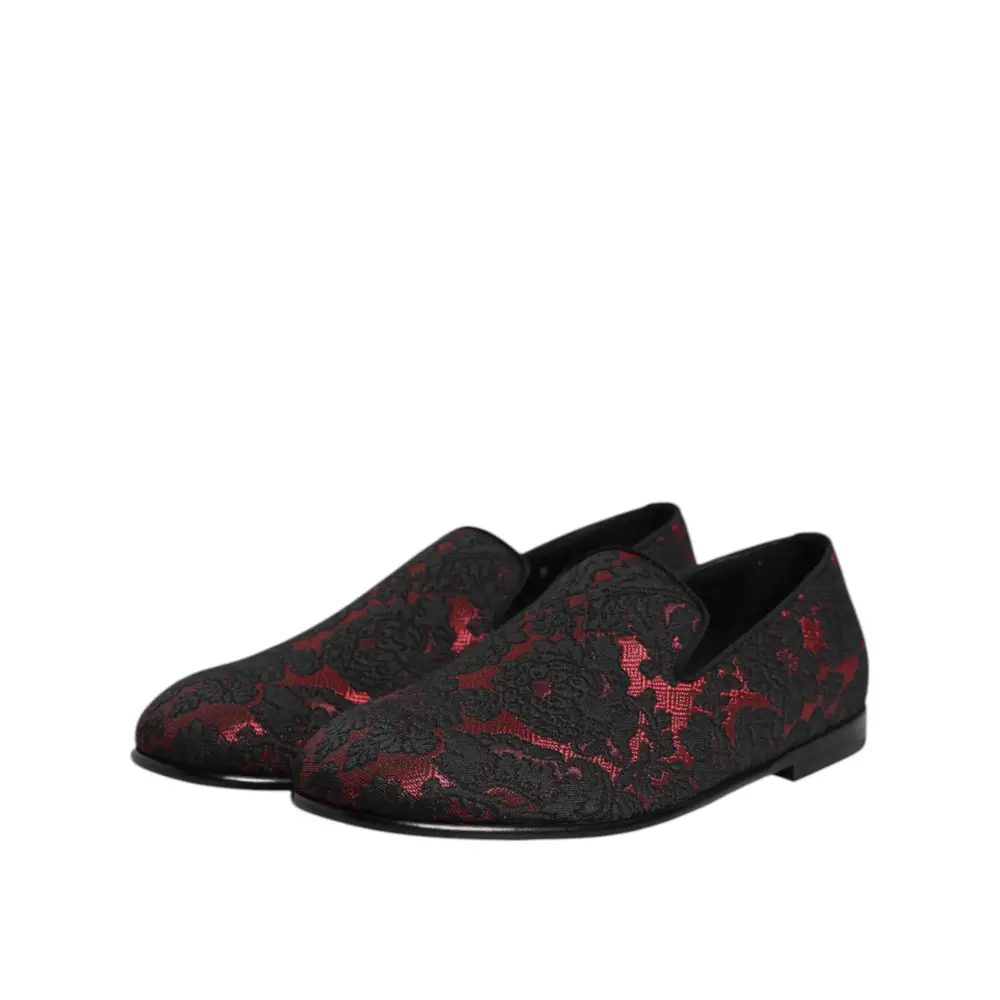 Dolce & Gabbana Rot Schwarz Jacquard Slip On Männer Loafers Schuhe - EU40/US7