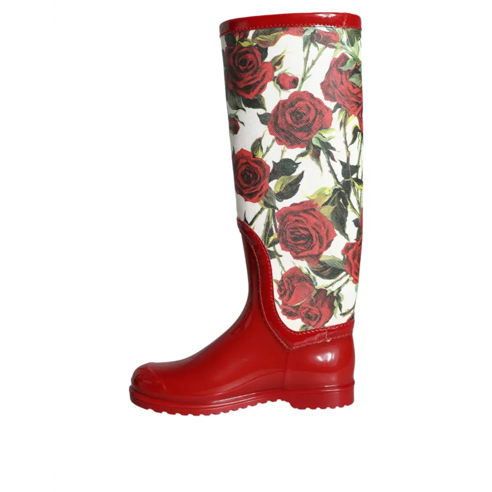 Dolce & Gabbana Rote geblümte kniehohe flache Gummistiefel Schuhe - EU36/US5.5