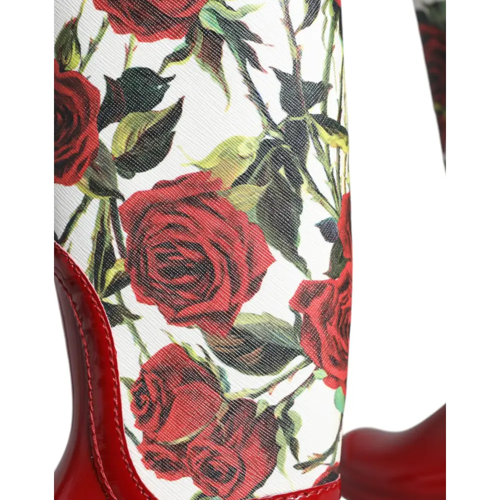 Dolce & Gabbana Rote geblümte kniehohe flache Gummistiefel Schuhe - EU36/US5.5