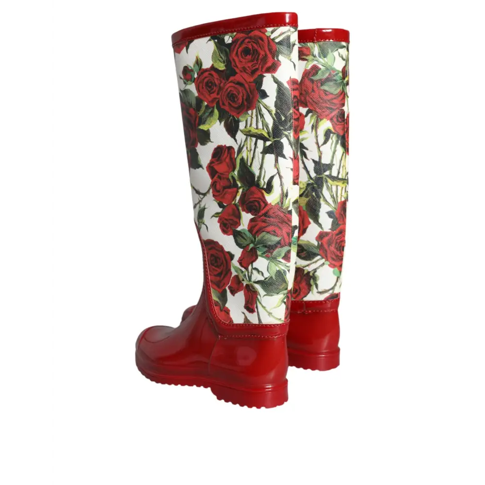 Dolce & Gabbana Rote geblümte kniehohe flache Gummistiefel Schuhe - EU36/US5.5