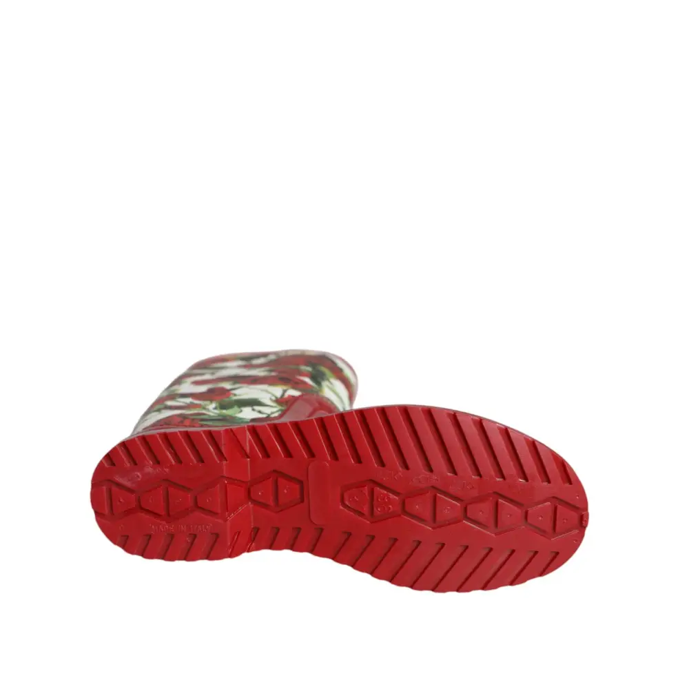 Dolce & Gabbana Rote geblümte kniehohe flache Gummistiefel Schuhe - EU36/US5.5