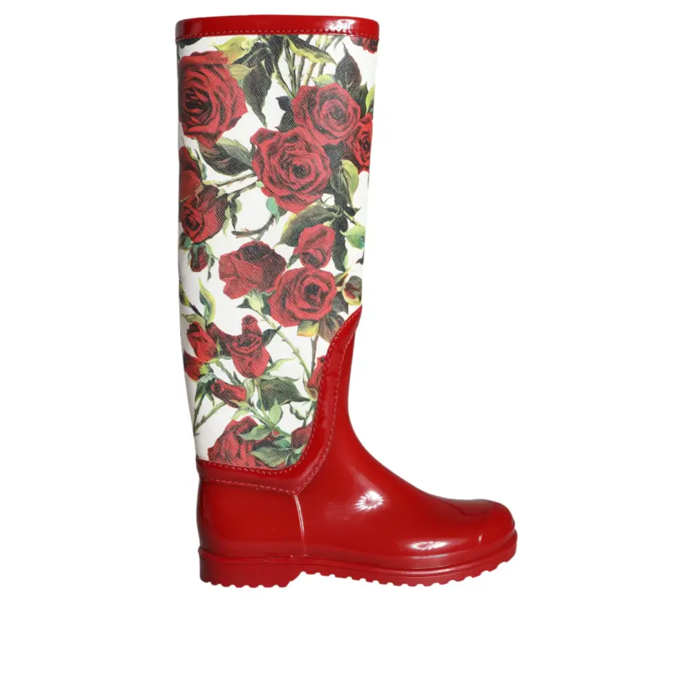 Dolce & Gabbana Rote geblümte kniehohe flache Gummistiefel Schuhe - EU36/US5.5