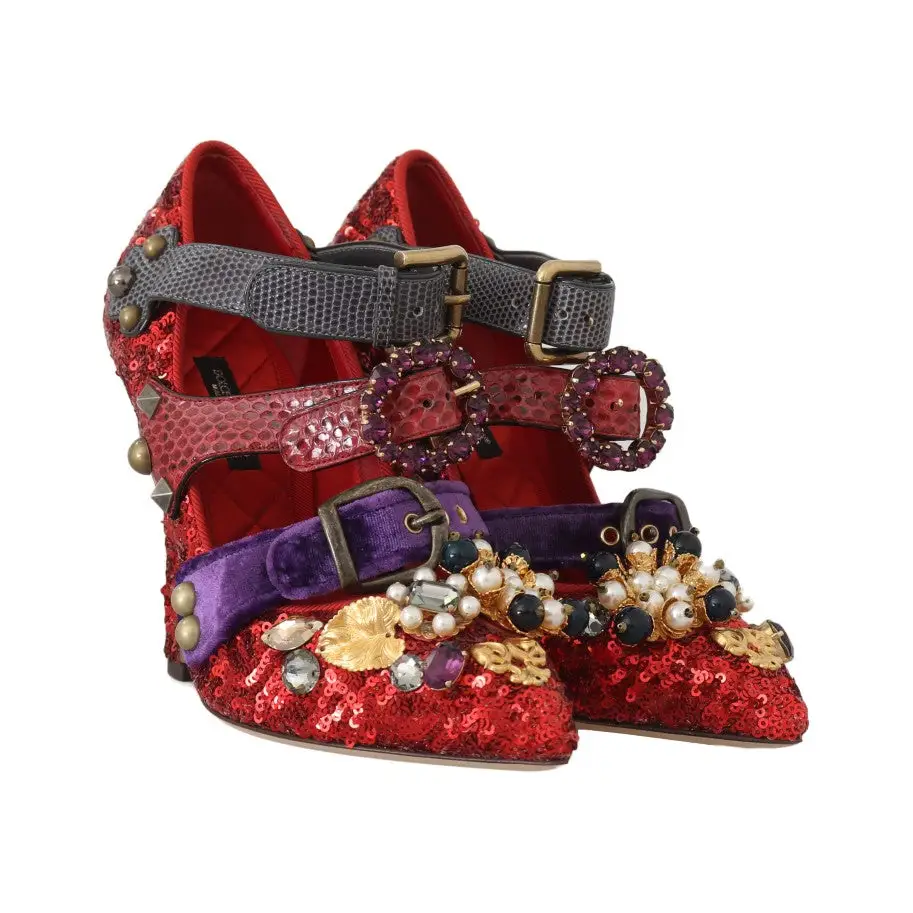 Dolce & Gabbana Rote Pailletten-Kristall-Nieten-Absätze Schuhe - EU36/US5.5