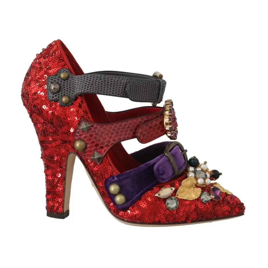 Dolce & Gabbana Rote Pailletten-Kristall-Nieten-Absätze Schuhe - EU36/US5.5