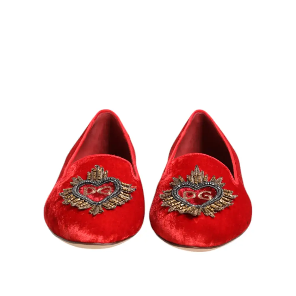 Dolce & Gabbana Rote Samt DG Herz Loafers Flache Schuhe - EU36.5/US6