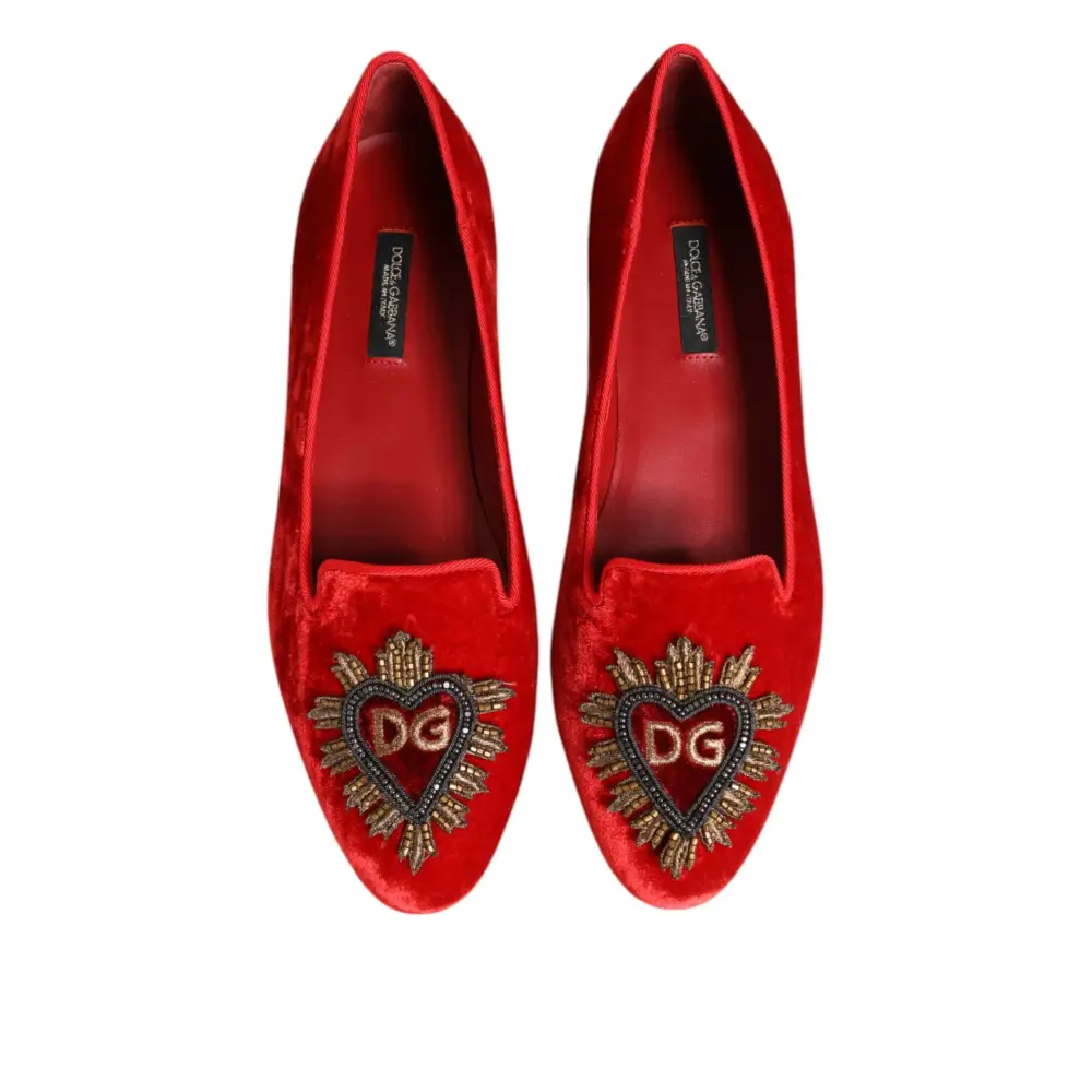 Dolce & Gabbana Rote Samt DG Herz Loafers Flache Schuhe - EU36.5/US6