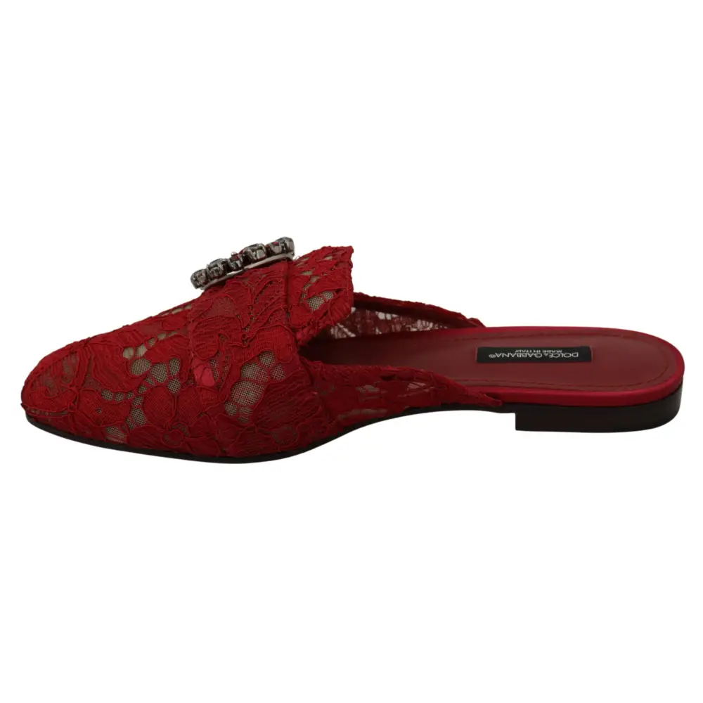 Dolce & Gabbana Rote Spitze Kristall Slide On Flats Schuhe - EU35/US4.5