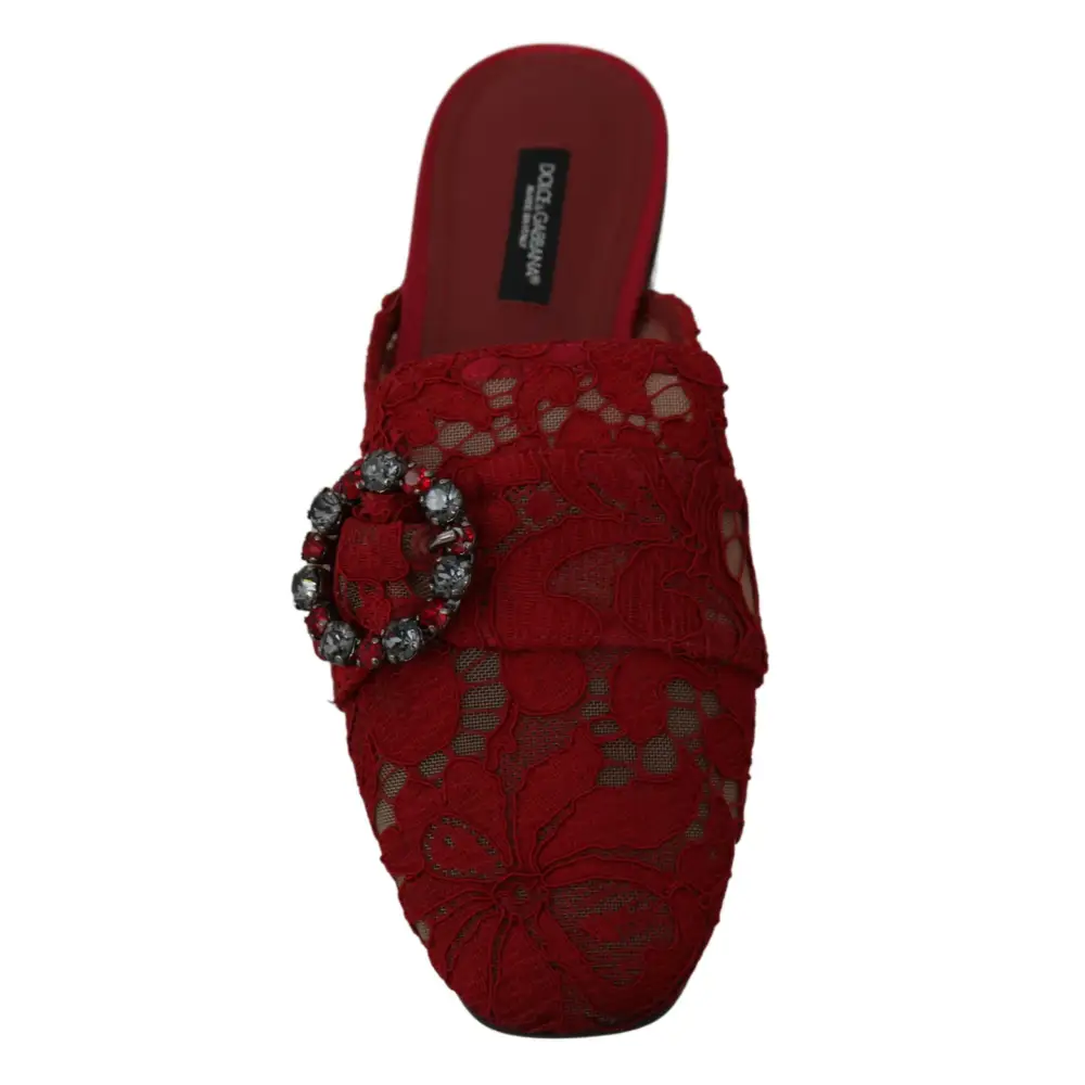 Dolce & Gabbana Rote Spitze Kristall Slide On Flats Schuhe - EU35/US4.5