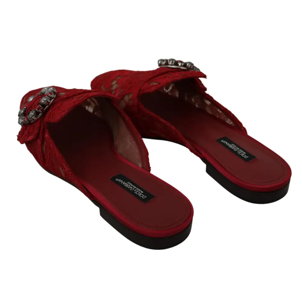 Dolce & Gabbana Rote Spitze Kristall Slide On Flats Schuhe - EU35/US4.5