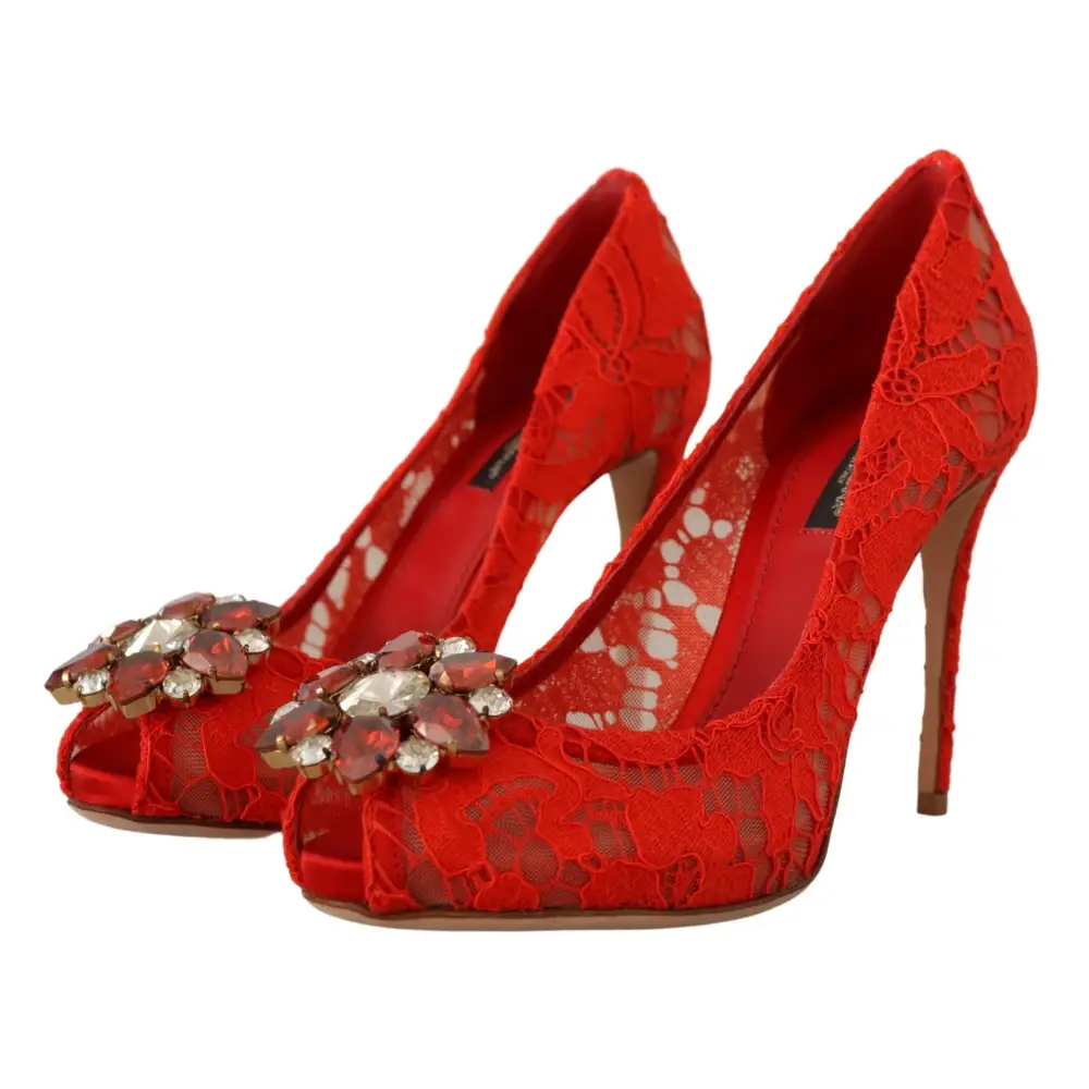 Dolce & Gabbana Rote Taormina Spitze Kristall Heels Pumps - EU35/US4.5