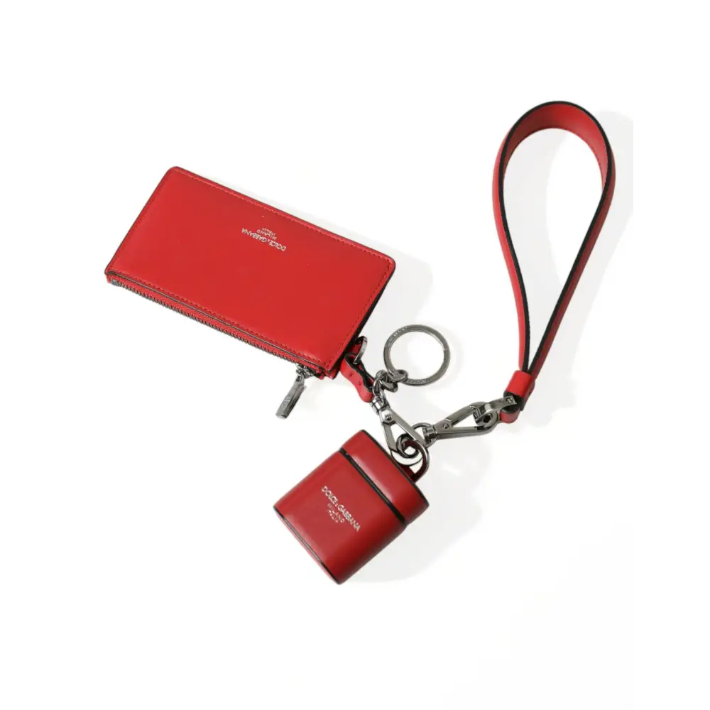 Dolce & Gabbana Rotes Leder Silber Metall Logo Riemen Tasche Airpods Fall