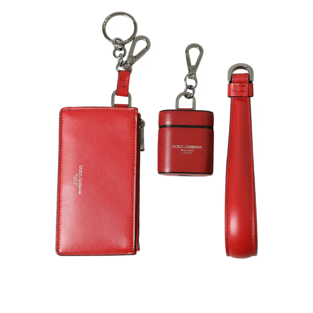 Dolce & Gabbana Rotes Leder Silber Metall Logo Riemen Tasche Airpods Fall