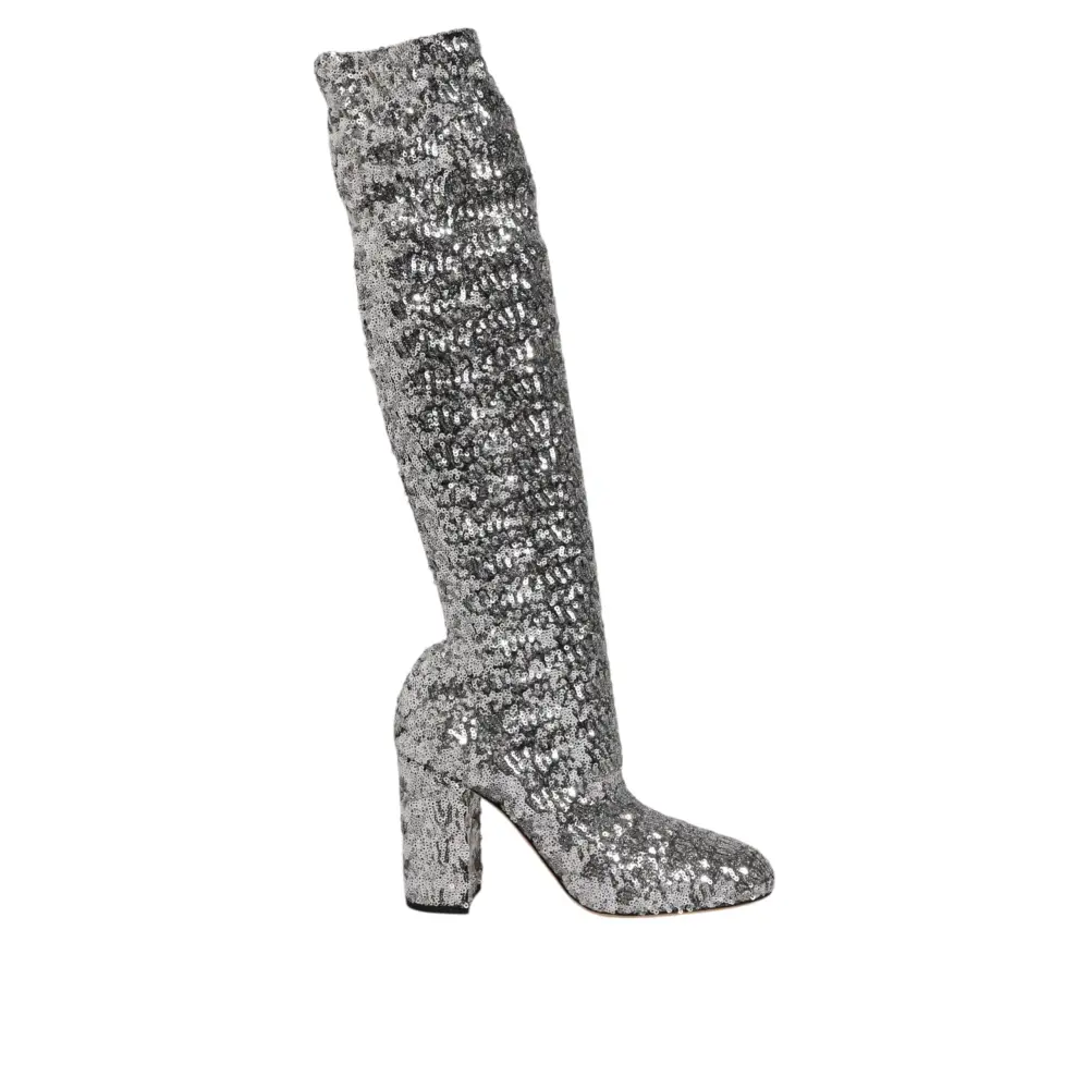Dolce & Gabbana Schuhe Silber Pailletten Glitter High Heel Stiefel Schuhe