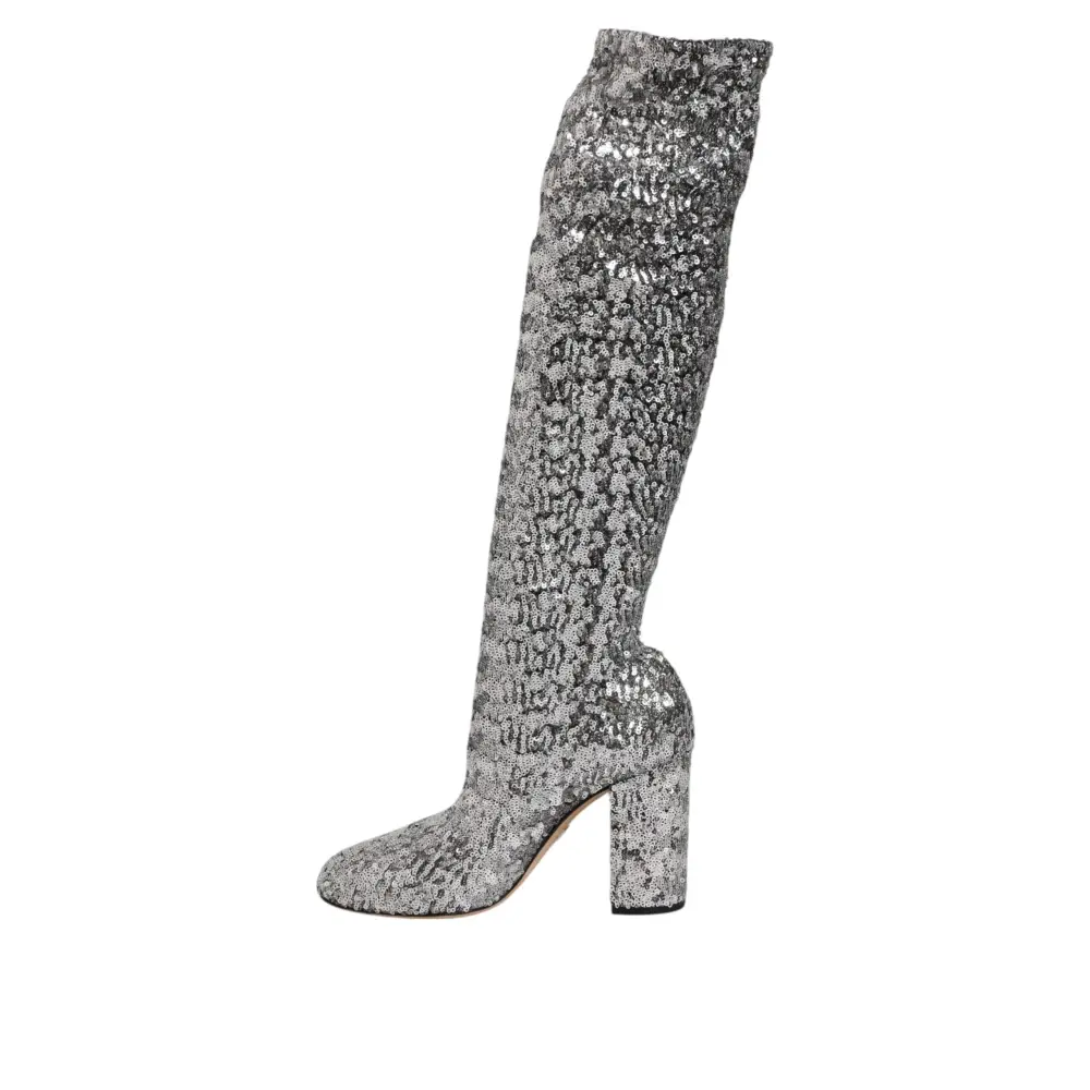 Dolce & Gabbana Schuhe Silber Pailletten Glitter High Heel Stiefel Schuhe