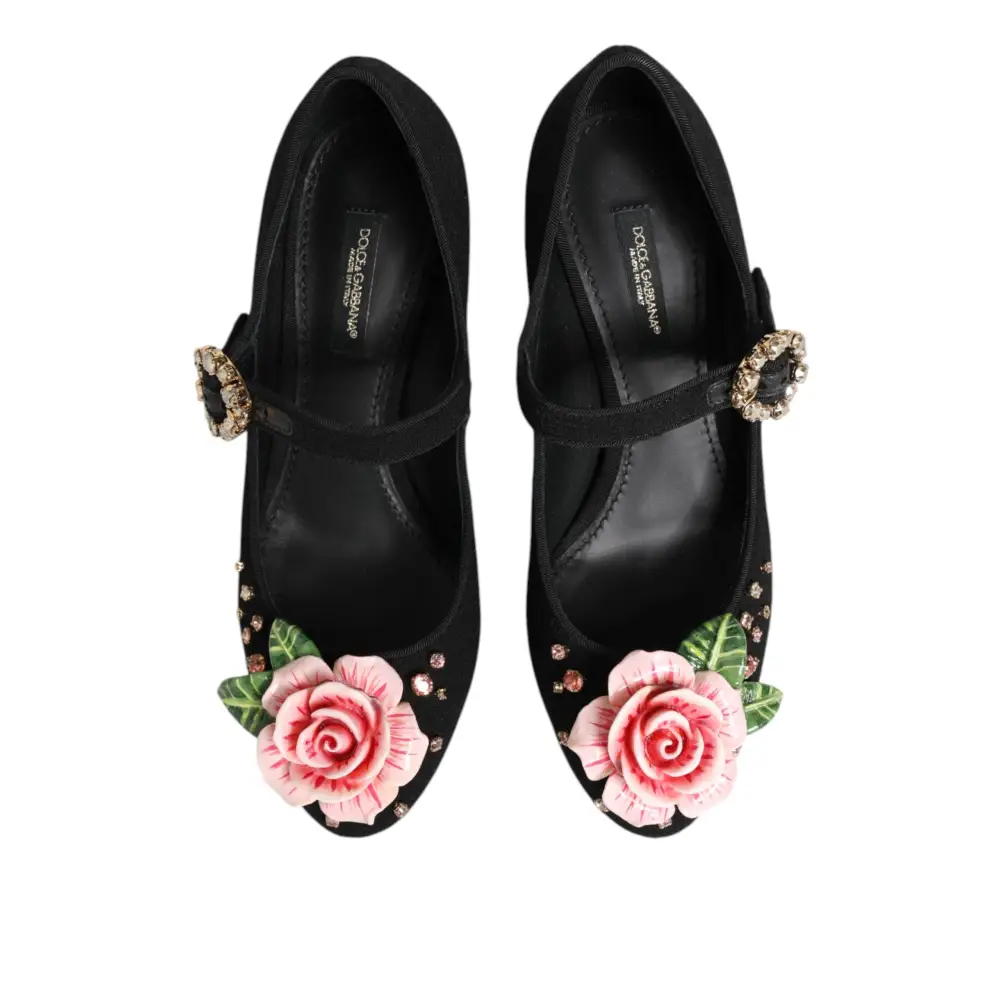 Dolce & Gabbana Schwarz Blume Kristall verschönert Mary Jane Schuhe