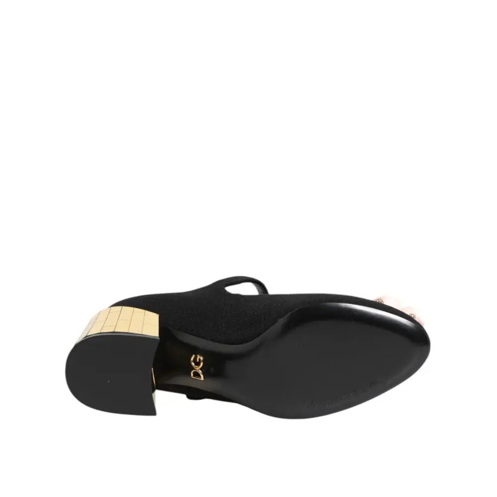 Dolce & Gabbana Schwarz Blume Kristall verschönert Mary Jane Schuhe