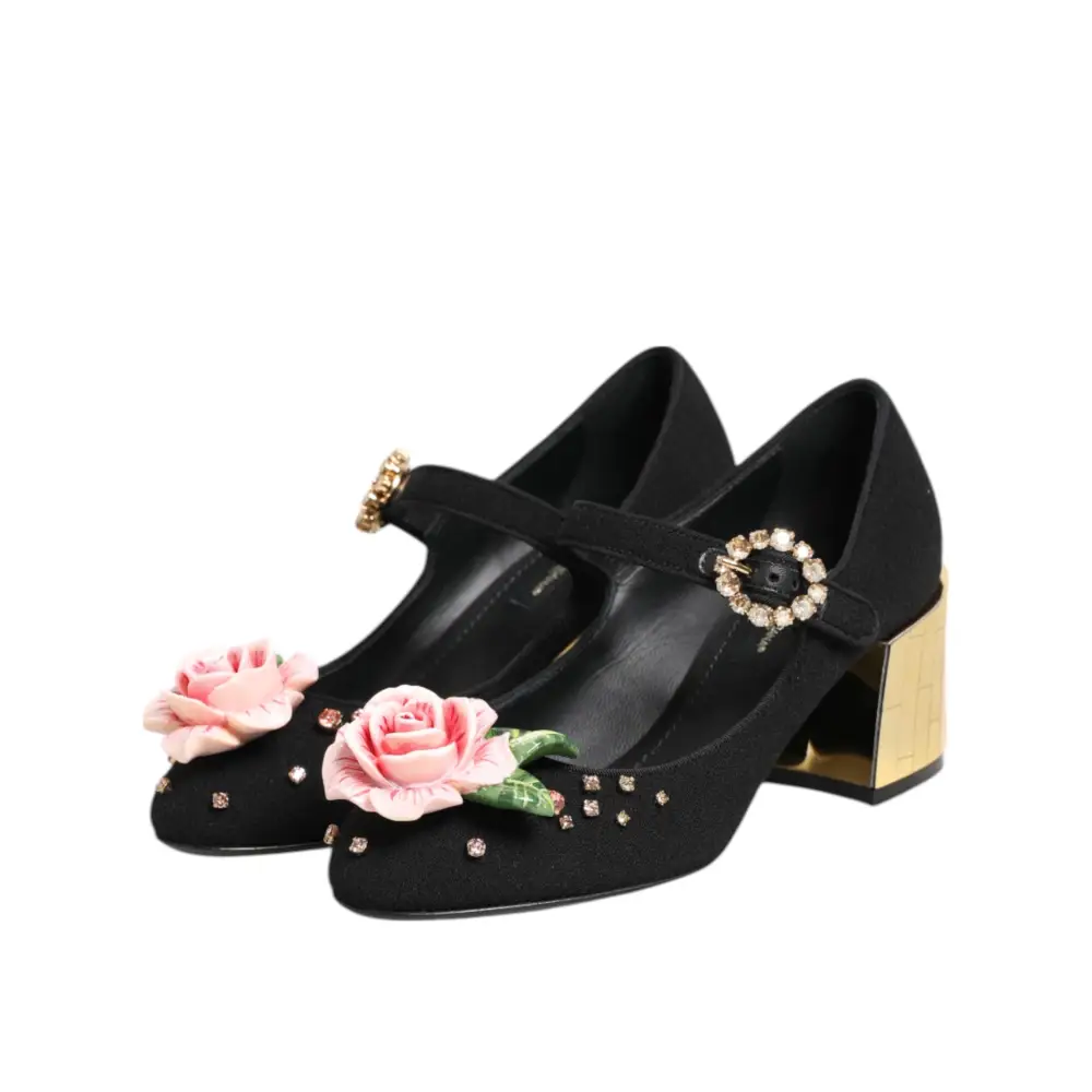 Dolce & Gabbana Schwarz Blume Kristall verschönert Mary Jane Schuhe