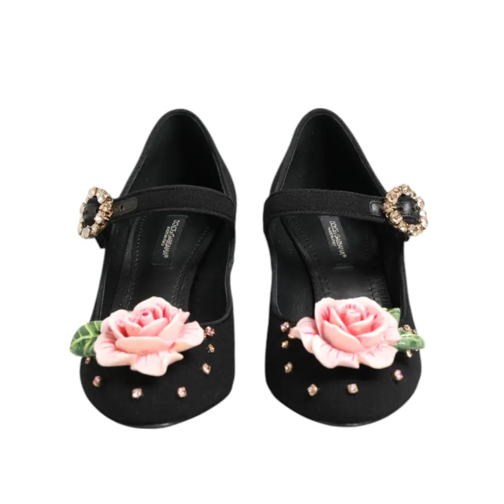 Dolce & Gabbana Schwarz Blume Kristall verschönert Mary Jane Schuhe