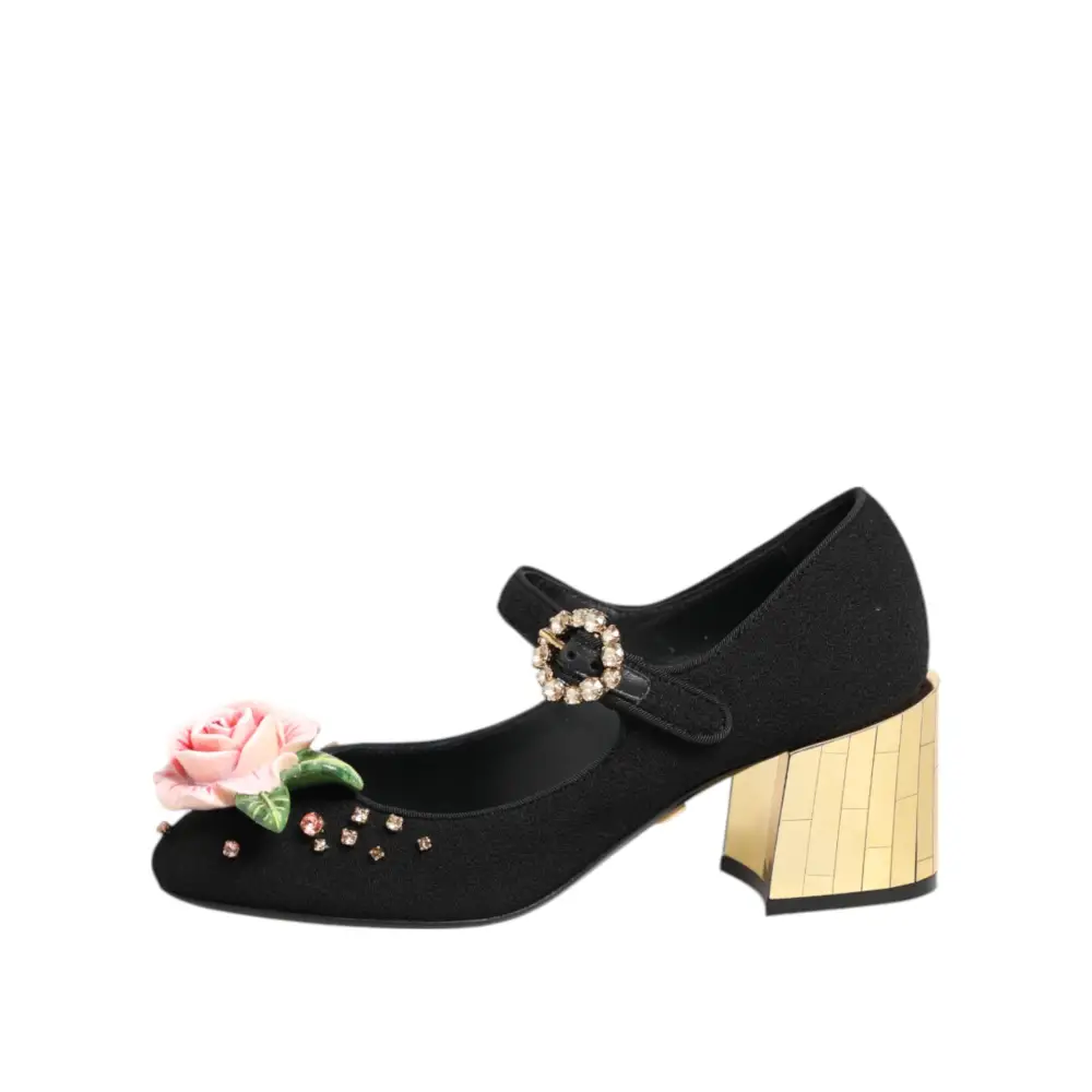 Dolce & Gabbana Schwarz Blume Kristall verschönert Mary Jane Schuhe