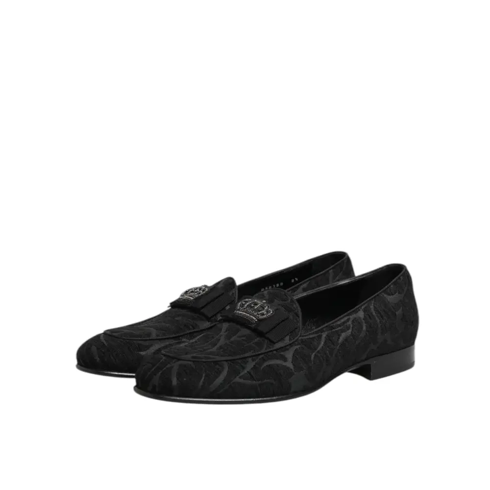 Dolce & Gabbana Schwarz Brokat Krone Loafers Kleid Schuhe