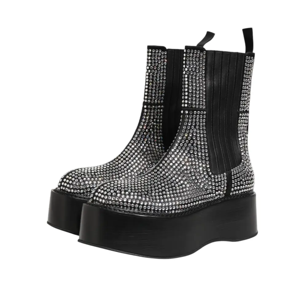 Dolce & Gabbana Schwarz Crystal Strass Mid Calf Kurze Stiefel Schuhe - EU44/US11