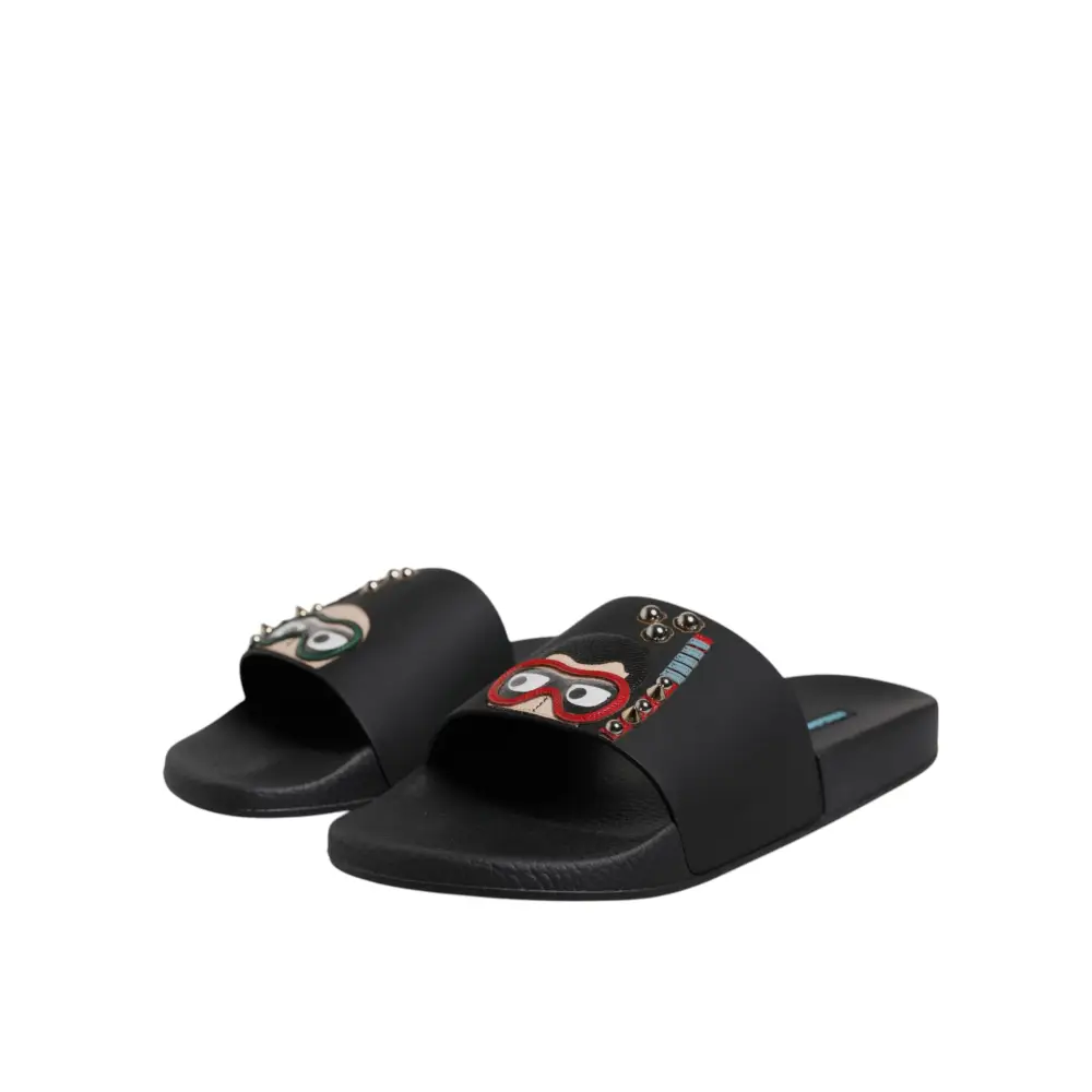 Dolce & Gabbana Schwarz Divers Leder Flats Slides Sandalen Beachwear Schuhe - EU46/US13